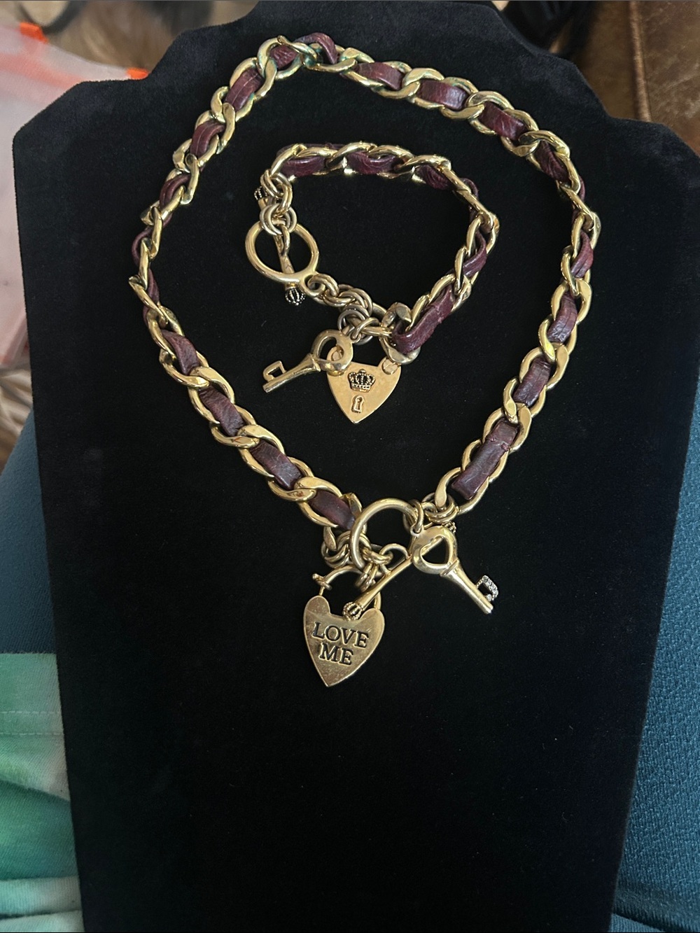 Juicy Couture Gold Tone Chain Necklace & Bracelet Set with Brown Leather Weave